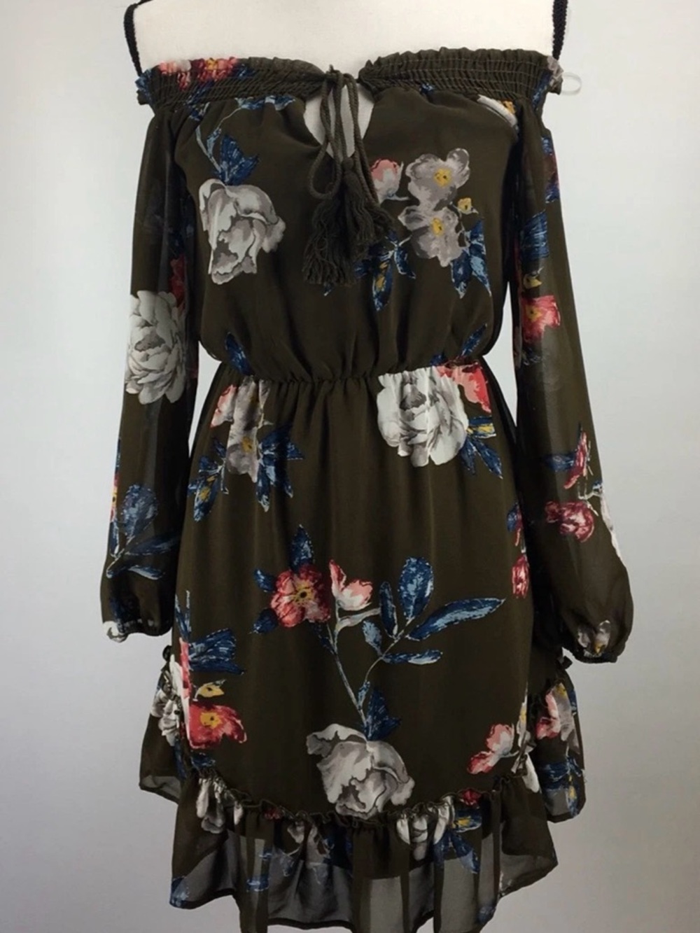 #127- Dee‎ Elly Off-Shoulder Olive Floral Midi Dress
